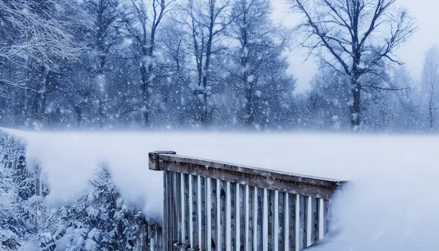 Image similar to wooden guardrails covered by snow in beautiful winter landscape. fog, snowstorm, photorealistic rendering, octane