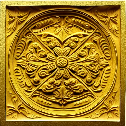 Prompt: ornate carving of a leaf in a flat circular inset on a square gold panel, cinematic lighting
