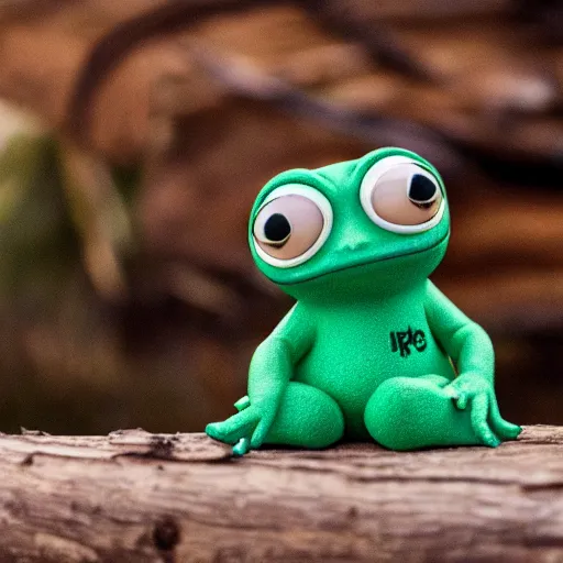 Image similar to baby pepe the frog, larg eyes, sitting on a log, wearing a bowler hat, pixar, disney, dynamic lighting, bokeh