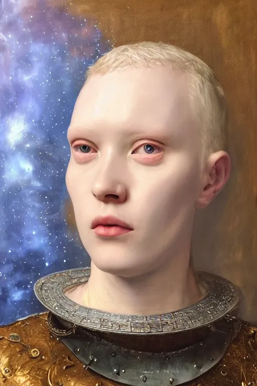 Image similar to hyperrealism oil painting, close - up portrait of albino medieval fashion model, knight, steel gradient mixed with nebula sky, in style of baroque