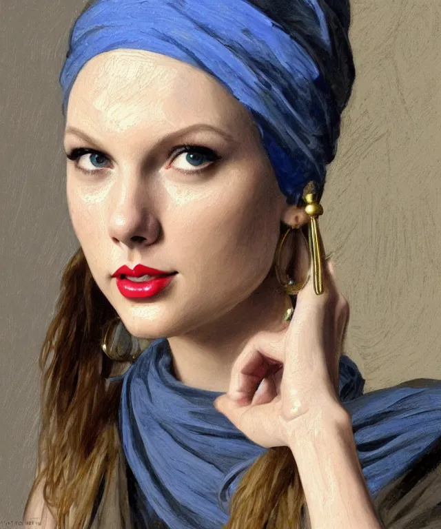 Image similar to Taylor Swift as the girl with the pearl earring, highly detailed, digital painting, artstation, concept art, smooth, sharp focus, illustration, ArtStation, art by artgerm and greg rutkowski and alphonse mucha and J. C. Leyendecker and Edmund Blair Leighton and Katsuhiro Otomo and Geof Darrow and Phil hale and Ashley wood and Ilya repin and Charlie Bowater