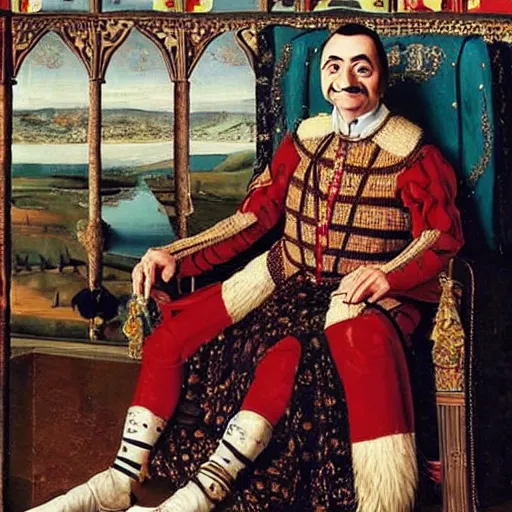 Prompt: A portrait of Mr. bean depicted as a medieval king on a throne, renaissance oil painting by Salvador Dali