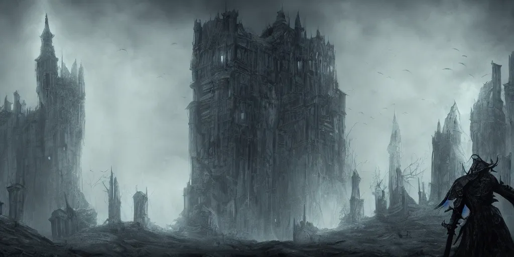 Image similar to grimdark fantasy fortress, terrifying, looming, dark, fog, dark souls, soulborne, artstation