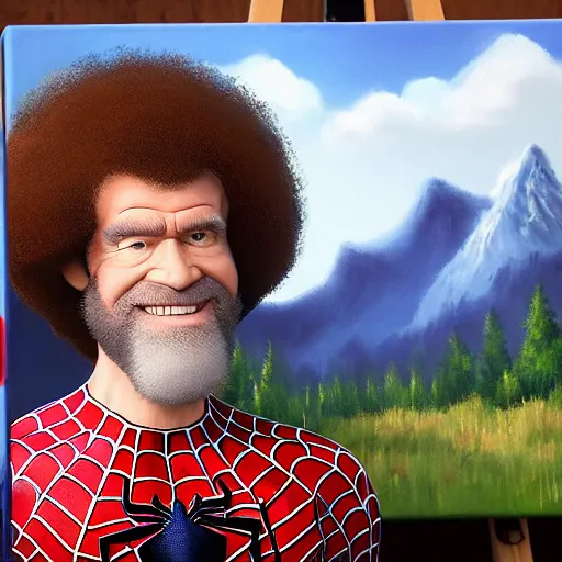 Image similar to a closeup photorealistic photograph of bob ross working on a canvas painting of spiderman. film still. brightly lit scene. mountains and trees. this 4 k hd image is trending on artstation, featured on behance, well - rendered, extra crisp, features intricate detail, epic composition and the style of unreal engine.