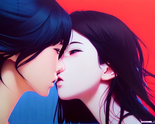 Image similar to two girls kissing | very very anime!!!, fine - face, audrey plaza, realistic shaded perfect face, fine details. anime. realistic shaded lighting poster by ilya kuvshinov katsuhiro otomo ghost - in - the - shell, magali villeneuve, artgerm, jeremy lipkin and michael garmash and rob rey