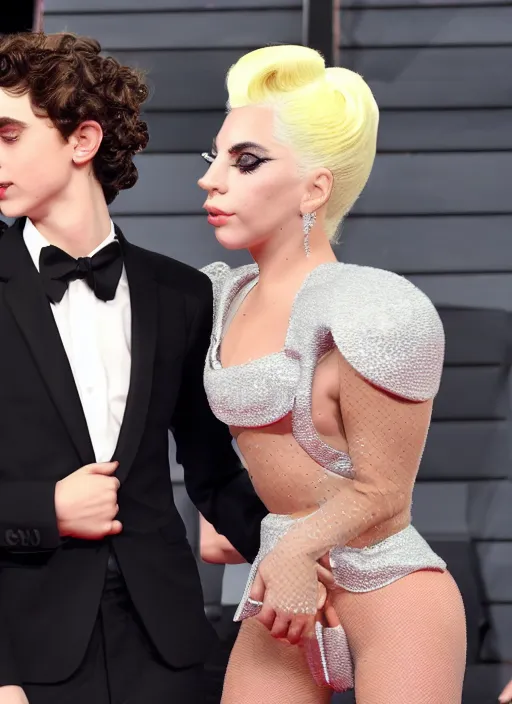 Prompt: timothee chalamet with lady gaga on a red carpet, canon, highly realistic. lady gaga, high resolution. highly detailed 8 k. 4 k.