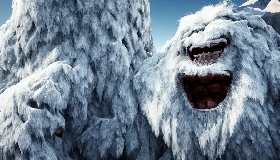 Prompt: Giant yeti roaring in the heart of the snowy mountains of Tibet, hyperdetailed, artstation, cgsociety, 8k