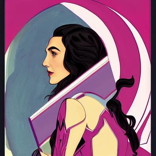 Image similar to a streamline moderne painting of gal gadot as the pink power ranger in the style of charlie bowater, and in the style of alphonse mucha. symmetry, smooth, sharp focus, semi - realism, intricate detail.