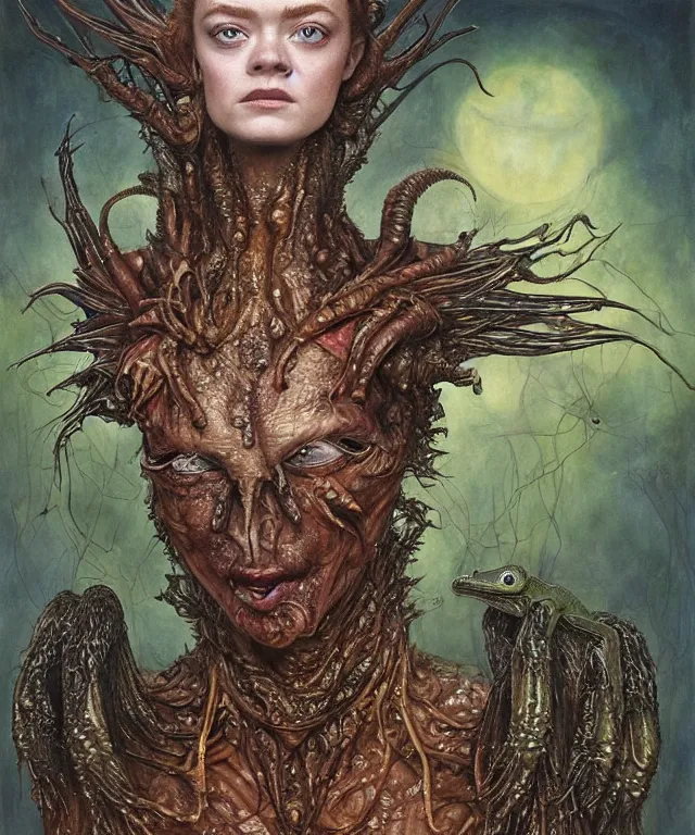 Prompt: a portrait photograph of a fierce sadie sink as an alien harpy queen with slimy amphibian skin. she is trying on dark evil bulbous slimy organic membrane fetish fashion and transforming into a succubus insectoid amphibian. by donato giancola, walton ford, ernst haeckel, brian froud, hr giger. 8 k, cgsociety