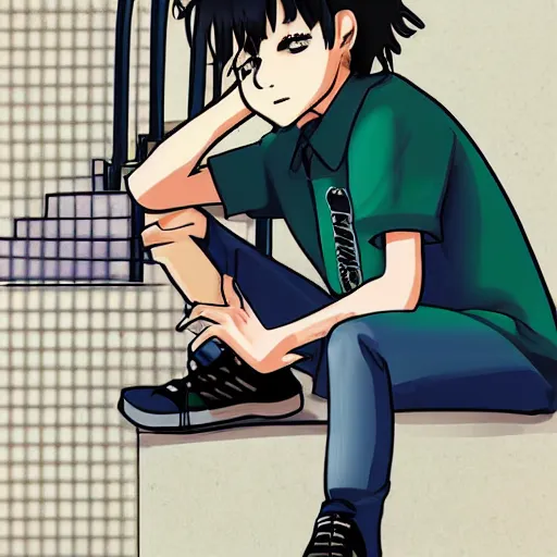 Image similar to high schooler wearing a school uniform sitting on concrete steps, smoking a cigarette, digital art, detailed, anime