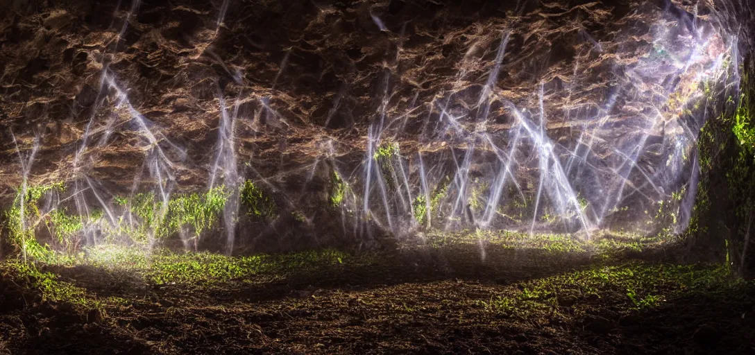 Image similar to large city in underground large cave, vines, god rays shot from far away