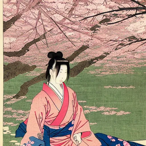Image similar to japanese edo period woodblock print of a girl laying underneath pink blossoming cherry trees in the background, art by greg rutkowski and yoji shinkawa and akira toriyama