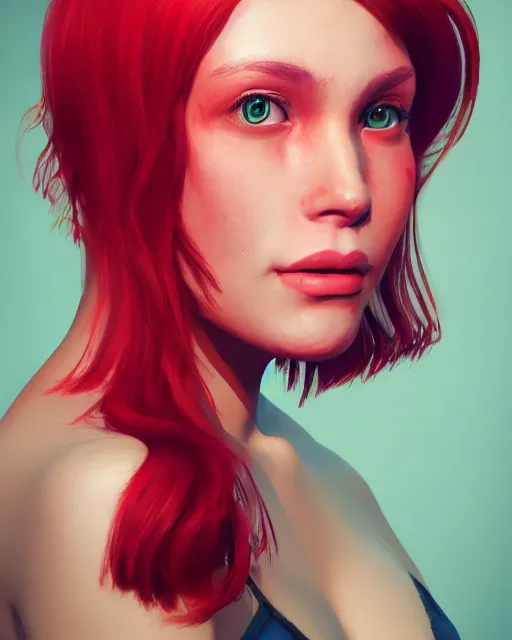 Image similar to a head and shoulder portrait of a beautiful woman with red hair, painted in the colorful style of Kotwdq, trending on Artstation, 8k, photorealistic, hyper detailed, unreal engine