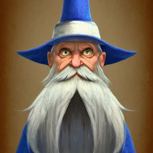 Image similar to character concept art of a kind old wizard with a long white beard looking a confused, holding a pet chicken perched top of his hat, wearing a blue robe, blue eyes, realistic, detailed, trending on ArtStation, by John Howe