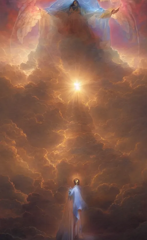 Image similar to crossing over the spiritual veil to heaven, sharp focus, intricate, elegant, digital painting, artstation, matte, highly detailed, concept art, illustration, volumetric lighting, gold and blue and pink color scheme, bokeh light, art by greg olsen, arnold friberg, and liz lemon swindle