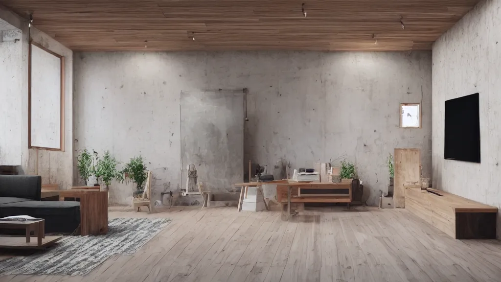 Image similar to hyper realistic one point perspective of living room, wood, concrete, brick