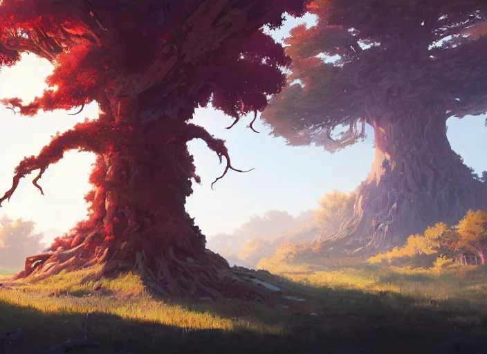 Image similar to concept art painting of a giant oak tree surrounded by forest and mountains, realistic, by makoto shinkai and moebius and anton fadeev and greg rutkowski and james gurney