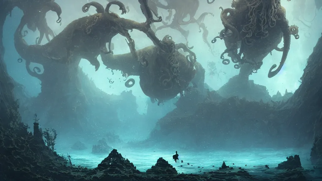 Image similar to A diver is under the sea, he has a treasure with him, he is swimming away from the giant Cthulhu that is behind hunting him, this is an extravagant planet with wacky wildlife and some mythical animals, the background is full of ancient ruins, the ambient is dark with a terrifying atmosphere, by Jordan Grimmer digital art, trending on Artstation,