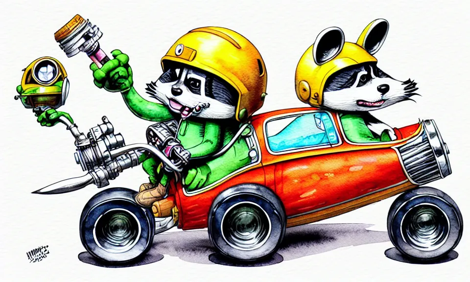 Prompt: cute and funny, racoon wearing a helmet riding in a hot rod with oversized engine, ratfink style by ed roth, centered award winning watercolor pen illustration, isometric illustration by chihiro iwasaki, edited by range murata, tiny details by artgerm and watercolor girl, symmetrically isometrically centered