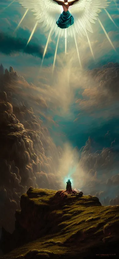 Image similar to steampunk angel, big wings, argentina, hudson river school, max rive, full plate armor with cloth, f 1 6, bokeh, gentle, female, snowy mountain, storm clouds, god rays, landscape, d & d, fantasy, elegant, teal pink white gold color palette, concept art, roger deakins and greg rutkowski and alphonse mucha