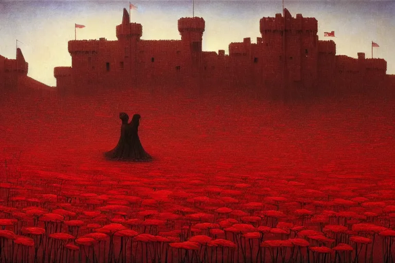 Image similar to only with red, red flowers of different types, a castle in the background, red orcs and trolls dance over the flowers, in the style of beksinski, part by hopper, part by rodcenko, part by hofbauer, intricate composition, red by caravaggio, insanely quality, highly detailed, masterpiece, red light, artstation