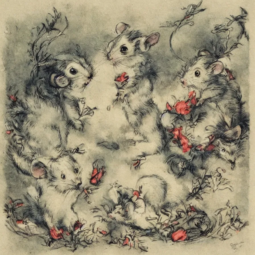 Image similar to Louis Icart, an old elaborate colored drawing of adorable little rats by Louis Icart, highly detailed, masterpiece