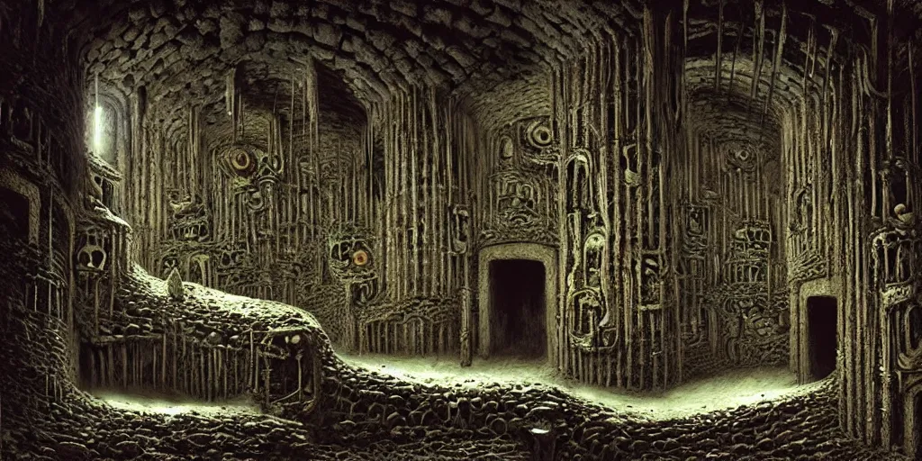 Prompt: Catacombs of the Eldritch Ancestors, by Andreas Rocha and HR Giger and Beksinski