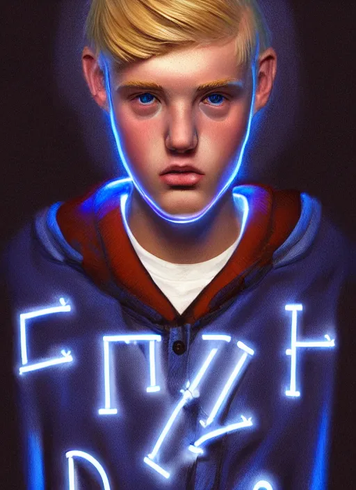 Image similar to portrait of high school senior boy named big moose, blonde short hair, jock, beefy, wide face, square jaw, square facial structure, blue varsity jacket with letter r, intricate, elegant, glowing lights, highly detailed, digital painting, artstation, concept art, sharp focus, illustration, art by wlop, mars ravelo and greg rutkowski