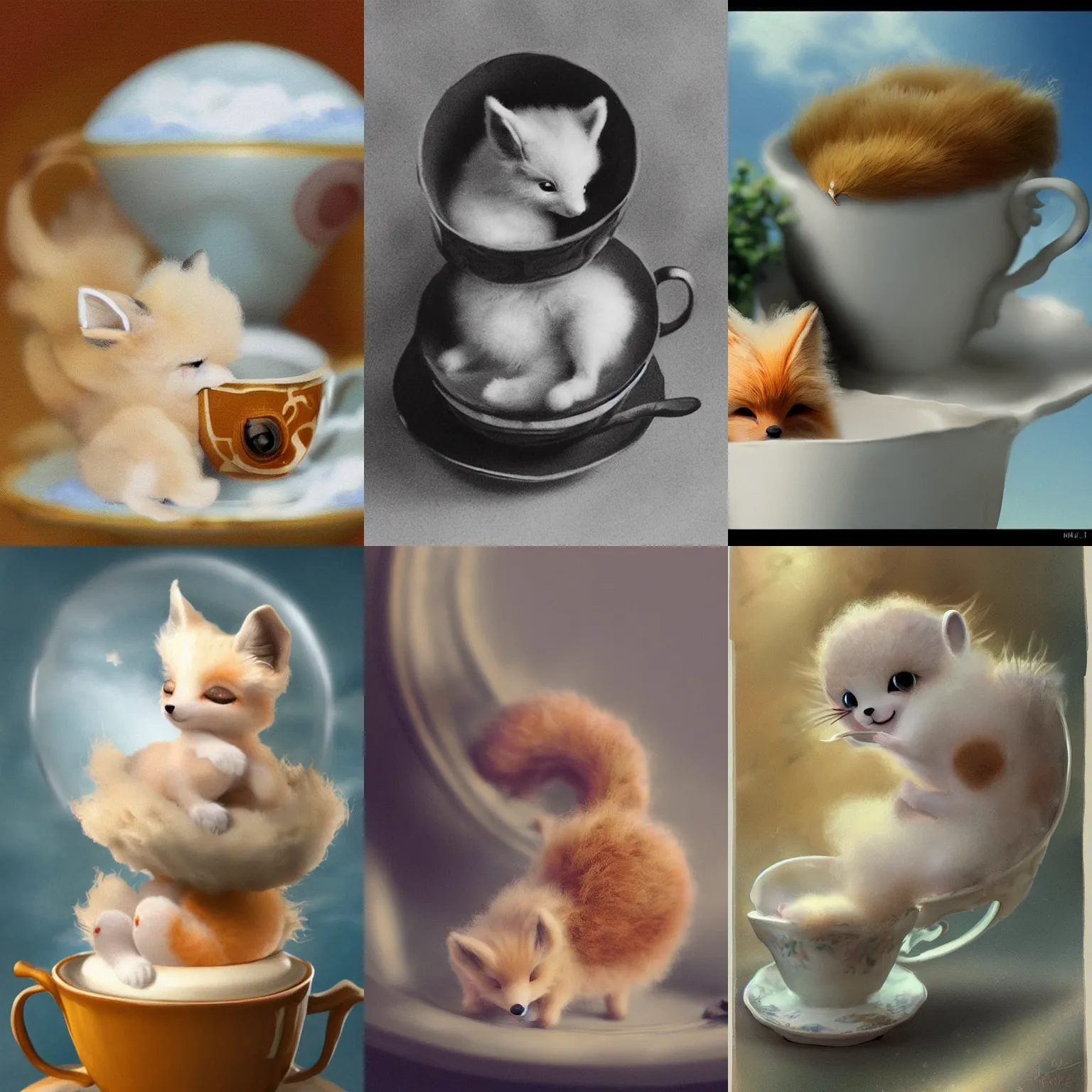 Prompt: A tiny vulpix sleeping in a teacup, close angle, matte painting, 1930,