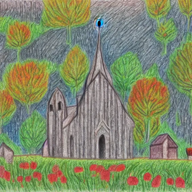 Prompt: graveyard with a church in a forest flower meadow landscape, colored pencil drawing