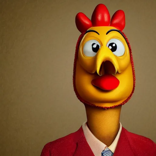 Image similar to scary portrait of an asian man dressed as a chicken, the chicken man, highly detailed painting by disney pixar 8 k