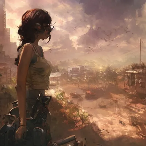 Image similar to fallout 5, charismatic beautiful rugged brunette female protagonist, portrait, outdoors tropical cityscape, atmospheric lighting, painted, intricate, volumetric lighting, beautiful, daytime, sunny weather, few clouds, sharp focus, deep colours, ultra detailed, art by krenz cushart and wenjun lin