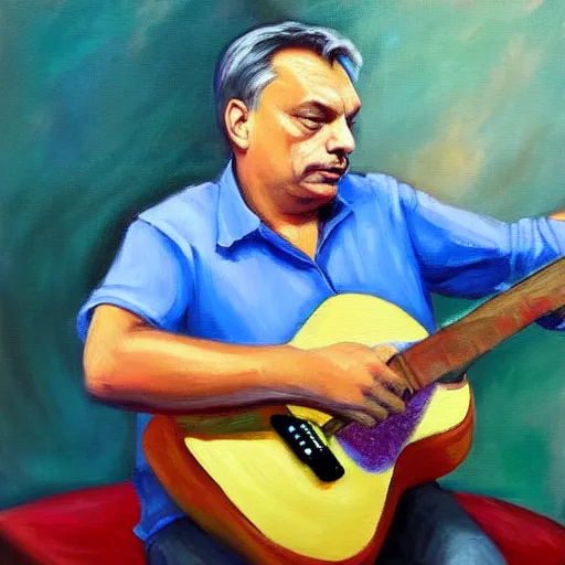 Image similar to viktor orban playing the guitar, oil painting