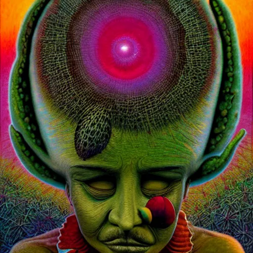 Prompt: an anthropomorphized cactus having an ego trip under lsd, by alex grey, by Esao Andrews and Karol Bak and Zdzislaw Beksinski and Zdzisław Beksiński, trending on ArtStation