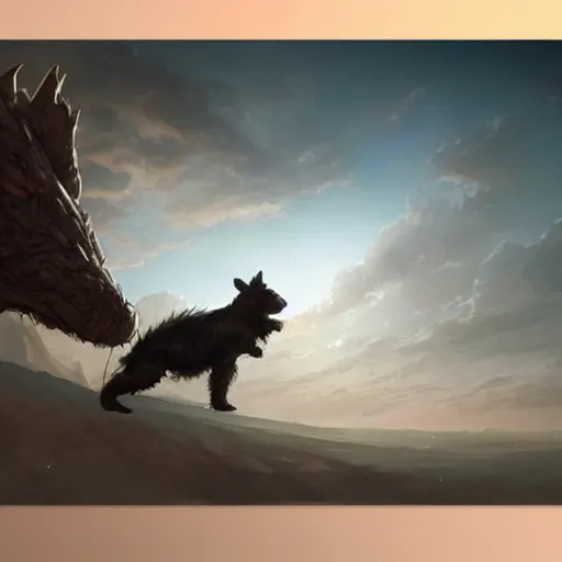 Prompt: the side view of the head of a dog, a little terrier, inside the silhouette shadow of a side view of the head of a huge dragon, beautiful fantasy painting by greg rutkowski