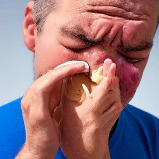 Image similar to a man crying his eye's out, snot dribbling out of his nose, because his ice cream cone is tiny. photograph.