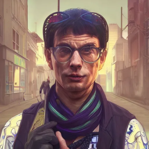 Image similar to [UHD Merlin as a GTA character on the streets of futuristic laserpunk Dallas, correct face, intricate facial details, symmetrical face, elegant, graphic detail, digital painting, trending on artstation, concept art, tonalism, sharp focus, illustration, art by Akira Toriyama and Greg Rutkowski and Alphonse Mucha]