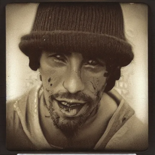 Image similar to polaroid picture, sepia, homeless manu chao in the streets of bogota, ethereal, trending on artstation