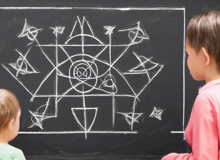 Prompt: a female teacher is writing on a chalkboard, not noticing that the kids in the front row are drawing pentagrams and summoning demons