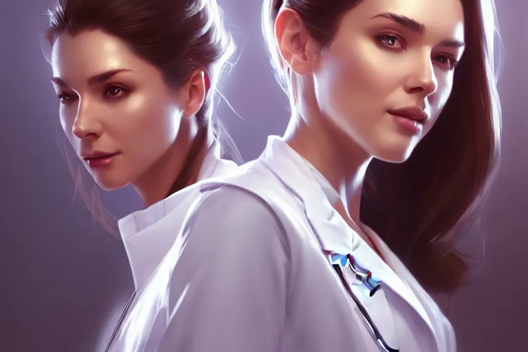 Image similar to a elegant and beautiful female doctor in a white coat in a clinic, cinematic, highly detailed, digital painting, artstation, concept art, matte, sharp focus, illustration, art by artgerm and greg rutkowski
