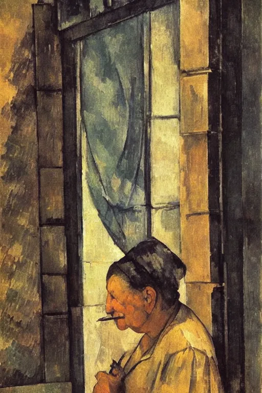 Image similar to an elderly and content italian woman leaning out of the window of an old building, smoking a cigarette, by paul cezanne, firenze, sunset, smooth, expressionist, gold, portrait