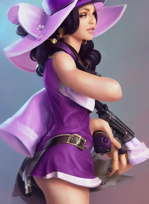 Image similar to caitlyn from league of legends, pointing gun towards the camera, wearing purple dress police hat, pearl skirt, hyper detailed, digital art, trending in artstation, cinematic lighting, studio quality, smooth render, unreal engine 5 rendered, octane rendered, art style by klimt and nixeu and ian sprigger and wlop and krenz cushart