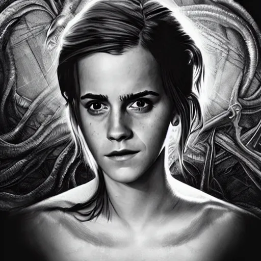 Prompt: Emma Watson as a lovecraftian final-boss, full-figure, giger, hyper-detail, photo-realistic, artstation, trending