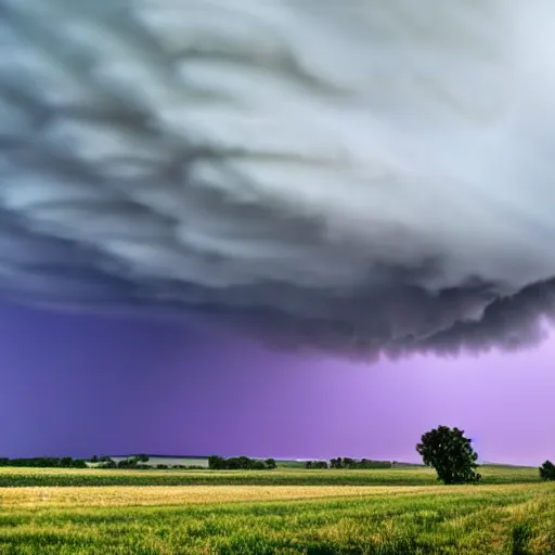 Prompt: tornado in the distance in a landscape, purple background