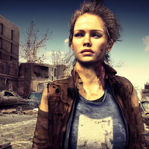 Image similar to pretty face, wide angle lens, photorealistic, 4k, background of destroyed city post apocalyptic, steakpunk, soft lighting, portrait