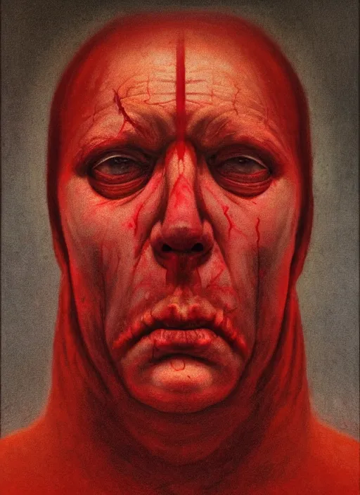 Image similar to lord loss king of hell & sorrow, book portrait, pale red, lumpy skin, he has very dark - round red sad eyes with even darker red pupils. tiny cracks in skin seep, symmetric lights and fog, in the style of zdzislaw beksinski, glowing light and shadow, hyperrealist, 8 k