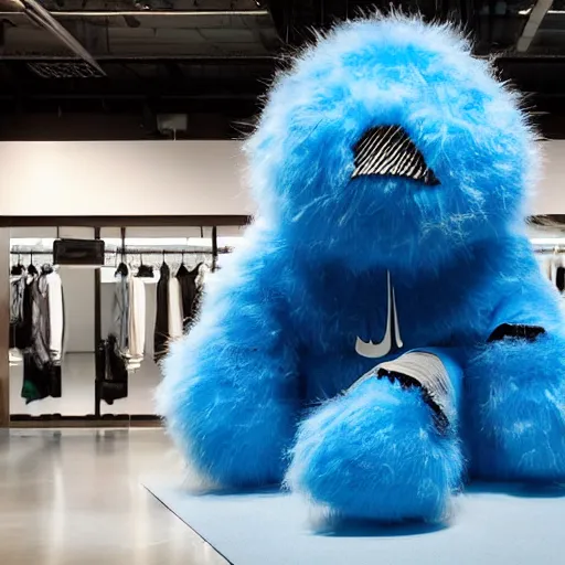 Prompt: nike fluffy monster made of very fluffy blue faux fur placed on reflective surface, professional advertising, overhead lighting, heavy detail, realistic by nate vanhook, mark miner