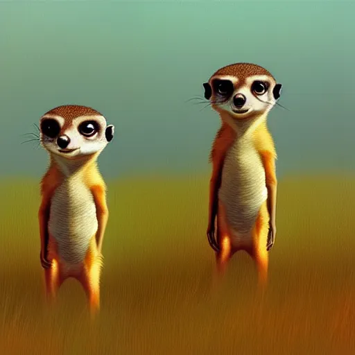 Prompt: goro fujita ilustration a standing meerkat! peering through the grasses, with its ears up by goro fujita, painting by goro fujita, sharp focus, highly detailed, artstation