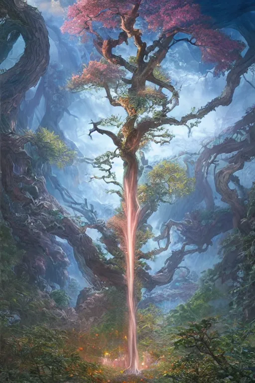 Image similar to tree of four seasons, volymetric light, highly detailed matte painting, noriyoshi ohrai, charlie bowater, mark brooks