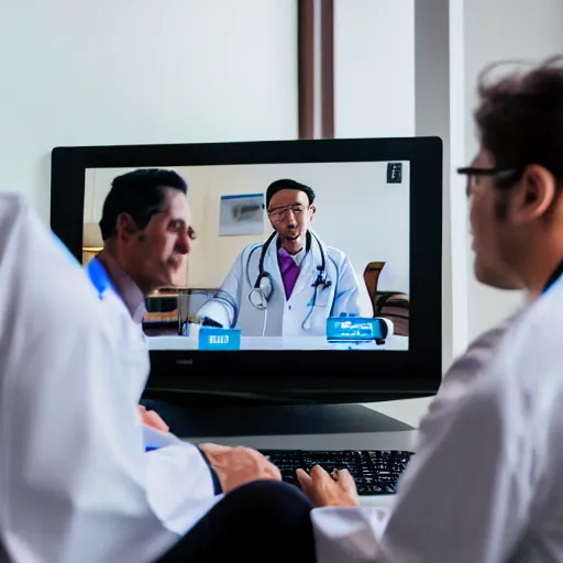 Prompt: A doctor consulting a patient using video conferencing, Canon EOS R3, f/1.4, ISO 200, 1/160s, 8K, RAW, unedited, symmetrical balance, in-frame